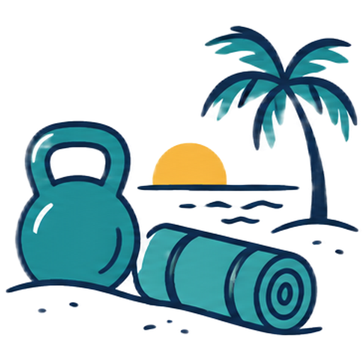 Drawing of a kettlebell and mat on a beach